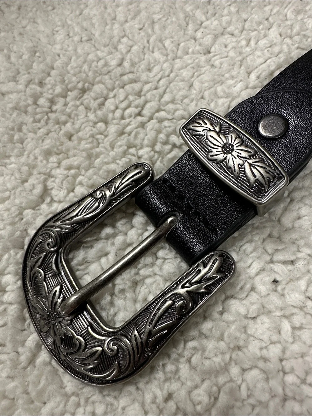 Ssumday Black Western Leather (?)   Belt Engraved Silver Cowgirl Buckle XL